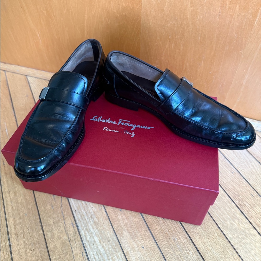 Salvatore Ferragamo Black Leather Slip-On Loafers